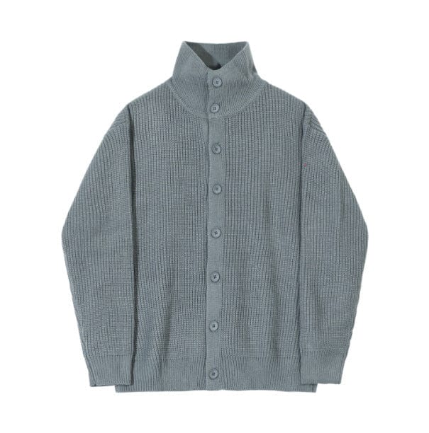 Cardigan sweater with stand collar and front buttons, laid flat