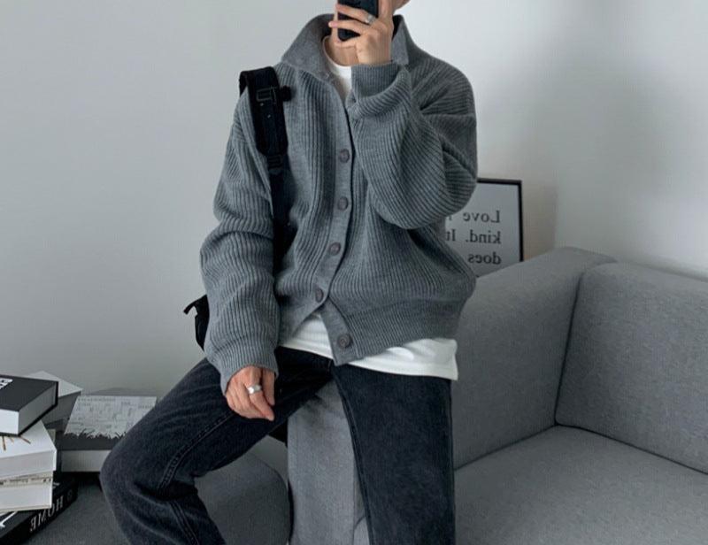 Cardigan sweater with stand collar and front buttons, worn by model
