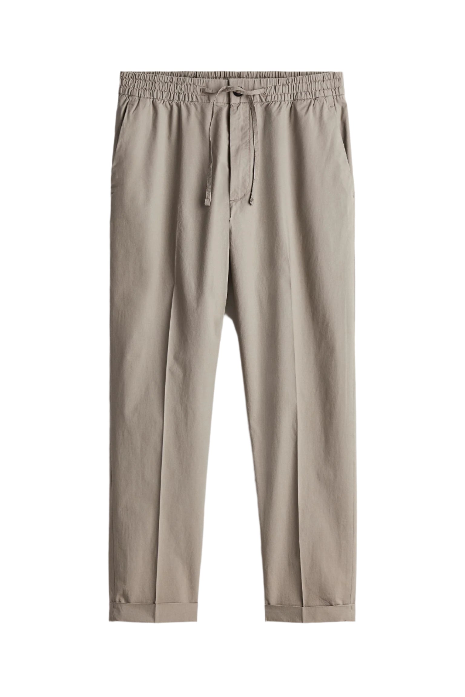 Trousers with zip closure and waistband detailing, laid flat