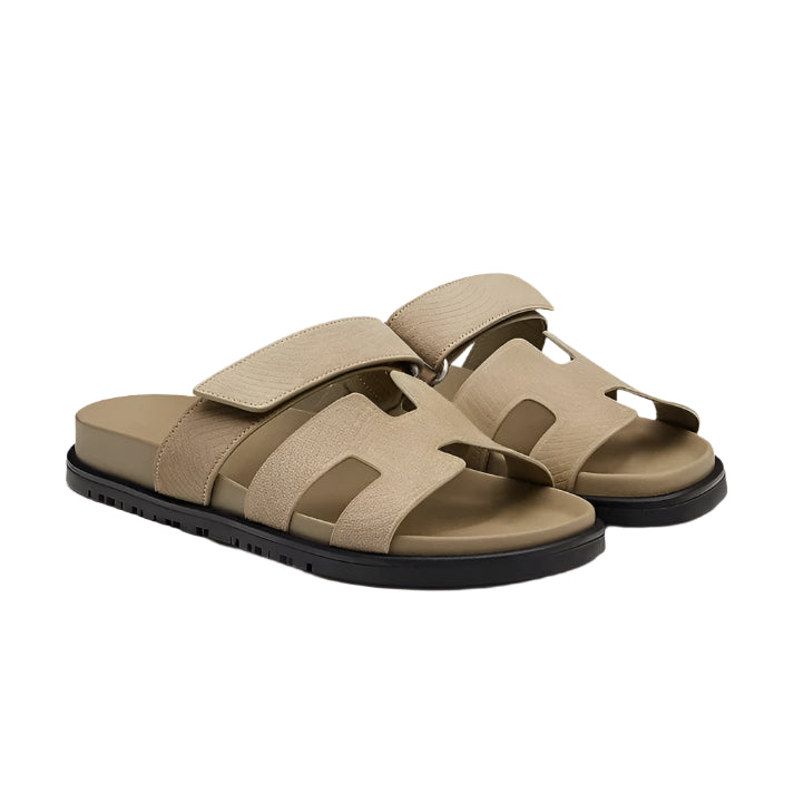 Flat-lay of open sandals with minimal seams and backless shape