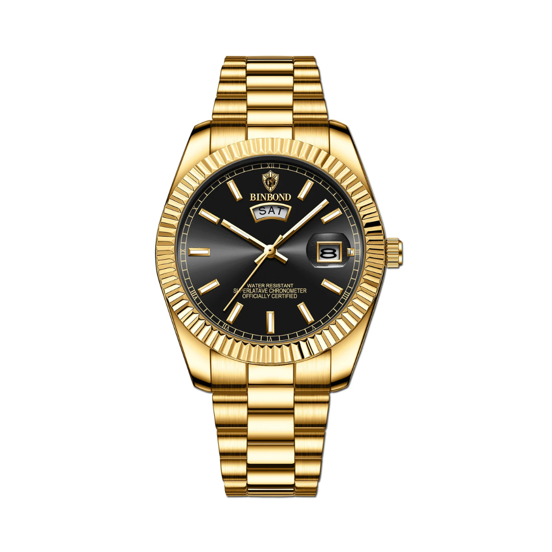 Men’s timepiece with segmented bracelet strap and date window, laid flat
