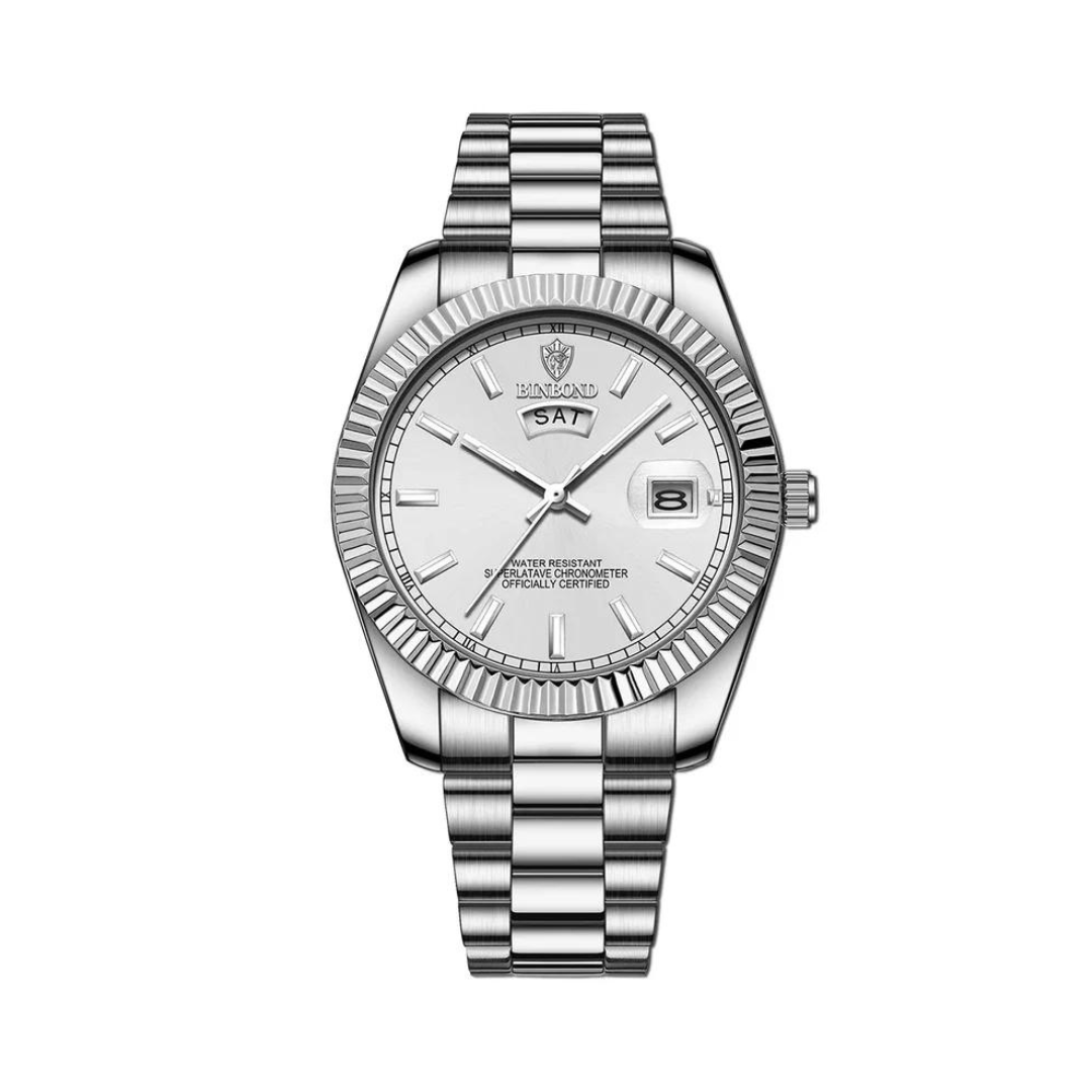 Men’s wristwatch with day/date display and full metal construction, flat-lay