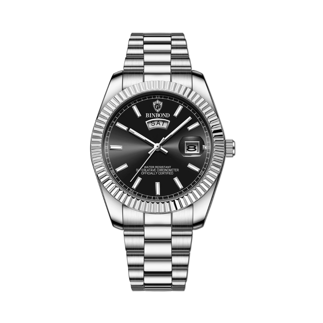 Timepiece with link band and calendar dial, displayed flat