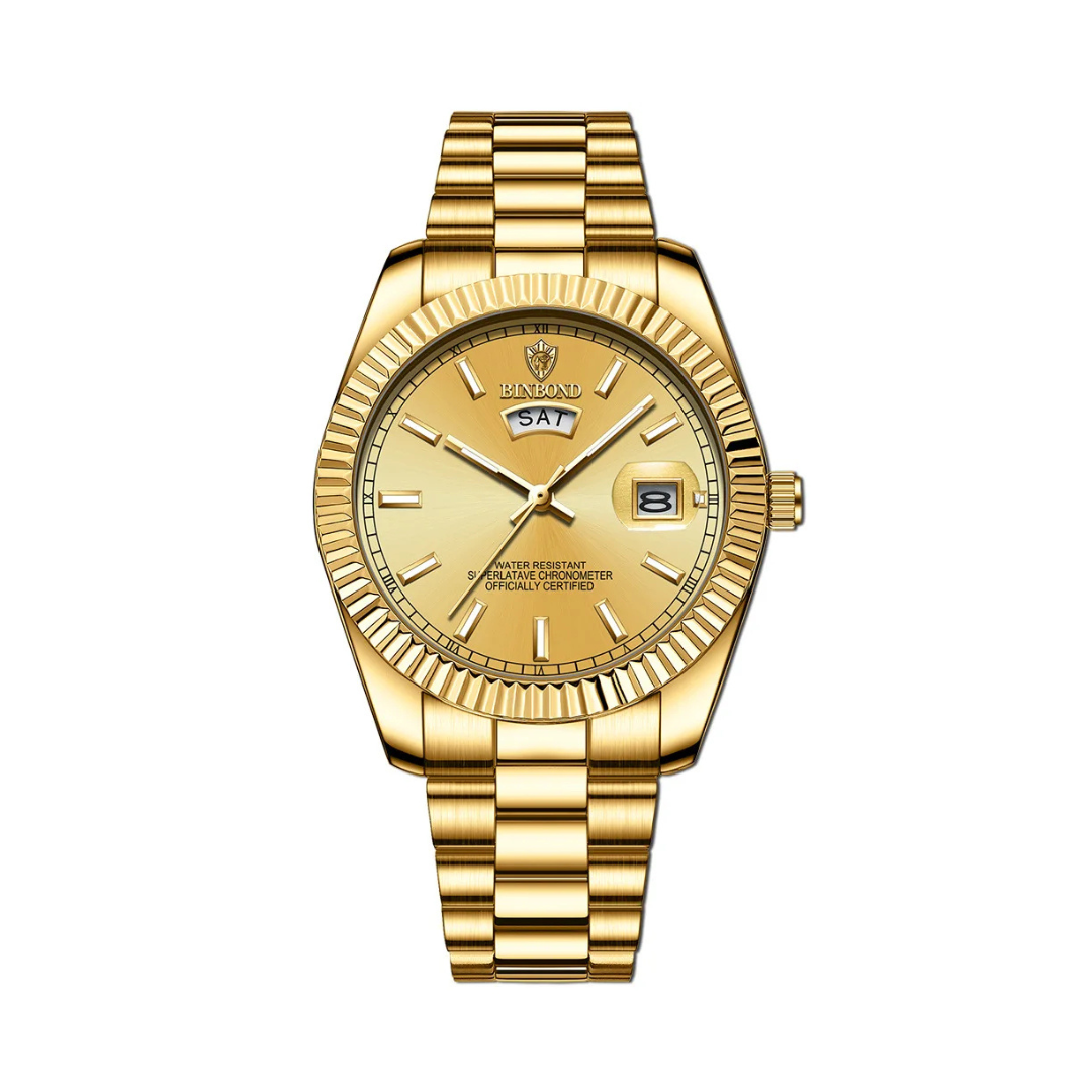 Watch with straight strap segments and fluted bezel, laid flat