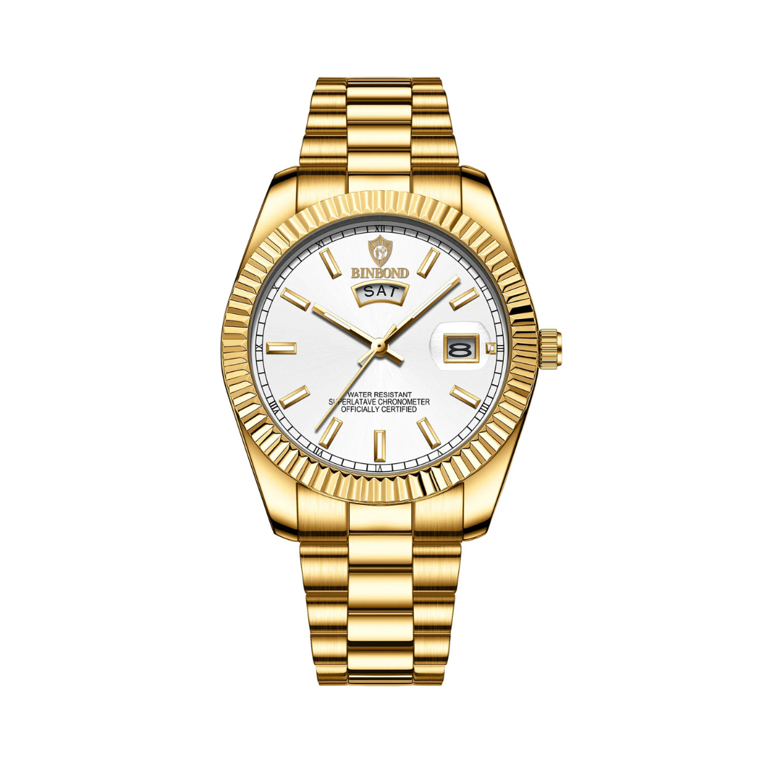 Flat-lay of round dial watch with day and date markers
