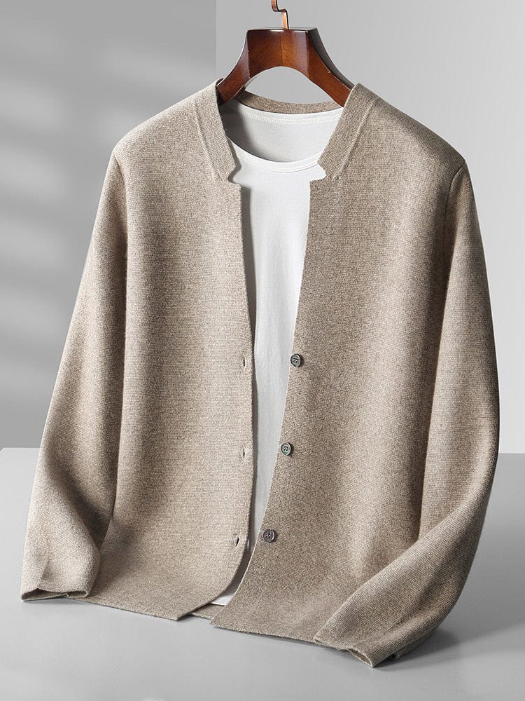 Long sleeve button-up cardigan with knit surface, displayed on hanger
