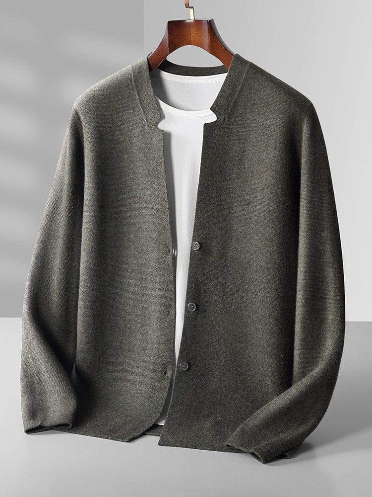 Men’s cardigan sweater with ribbed hem and cuffs, on hanger