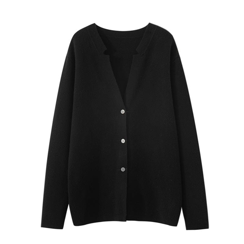 Cardigan sweater with ribbed edges and front buttons, laid flat