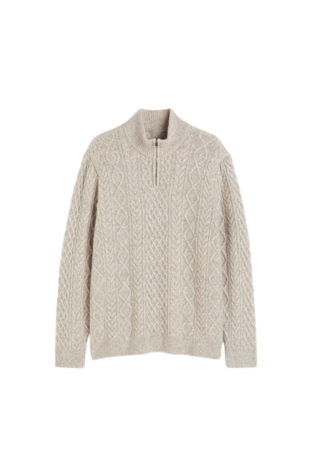 Sweater with high collar, front zipper, and textured pattern, laid flat