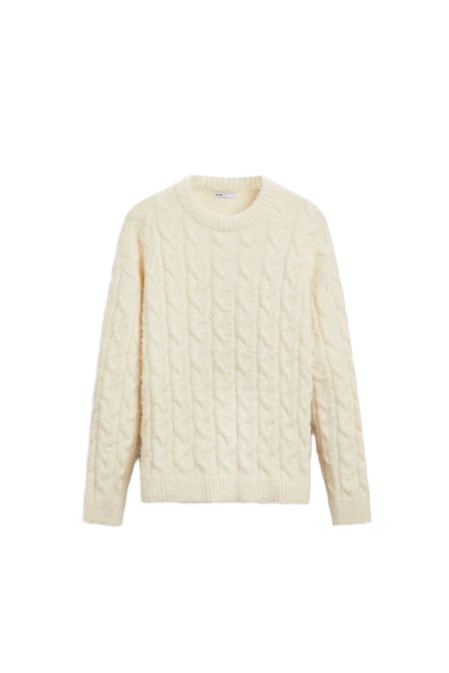 Flat-lay of cable knit sweater with ribbed cuffs and straight hem