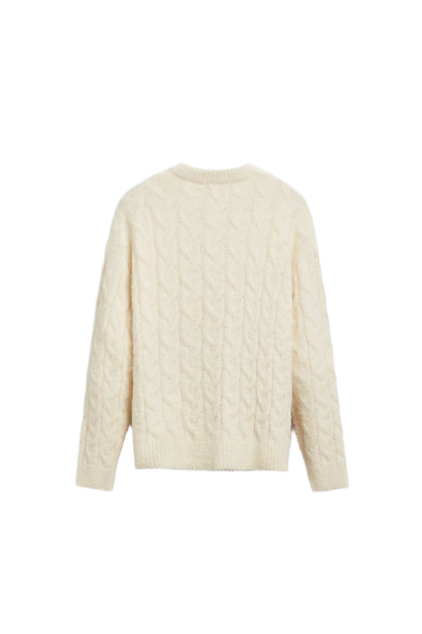 Sweater with visible knit pattern and crew neckline, laid flat
