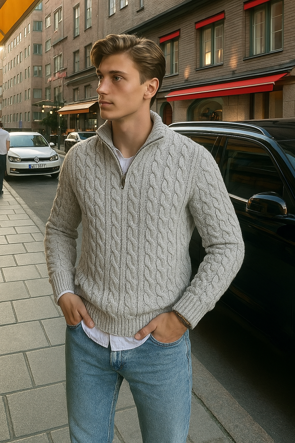 Model wearing half-zip sweater with high collar and ribbed cuffs