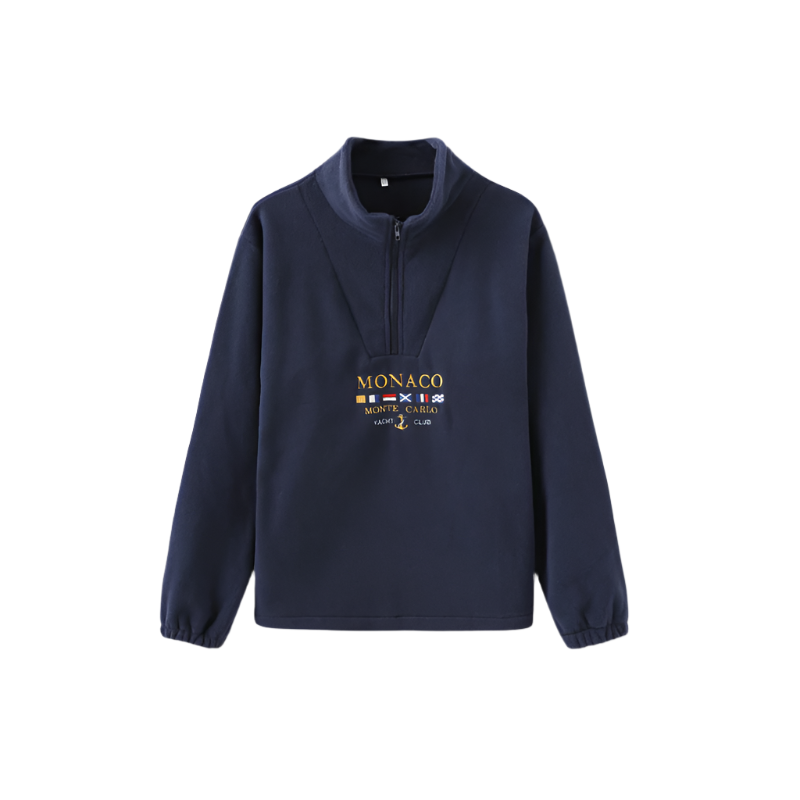 Men’s half zip sweater with embroidered motif, long sleeves, and straight hem, laid flat