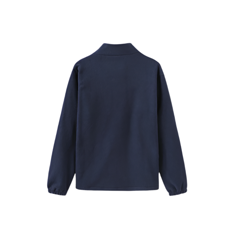 Men’s half zip sweater with embroidered motif, long sleeves, and straight hem, laid flat