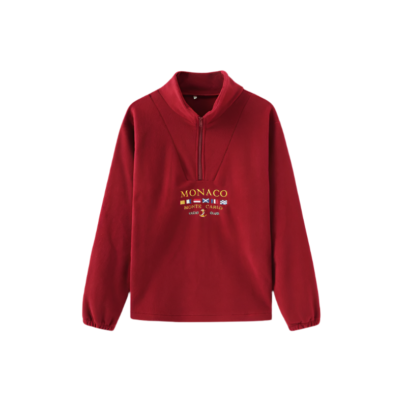 Men’s half zip sweater with embroidered motif, long sleeves, and straight hem, laid flat