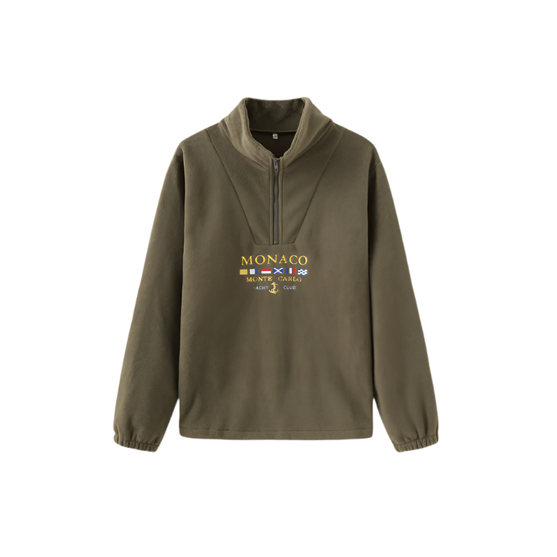 Men’s half zip sweater with embroidered motif, long sleeves, and straight hem, laid flat