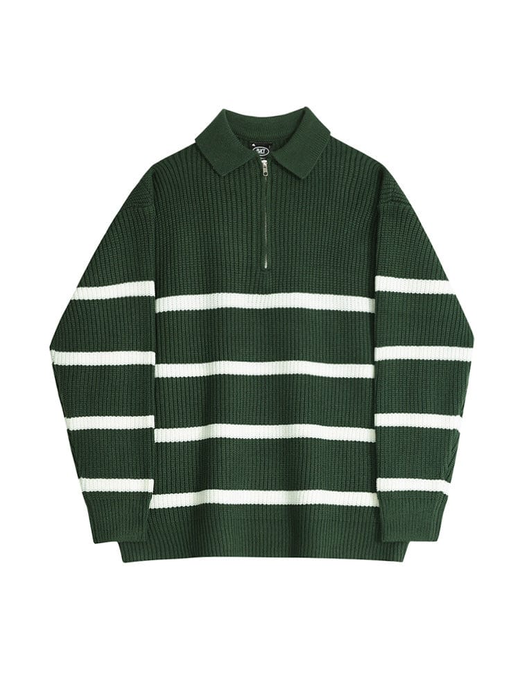 Men’s half zip sweater with ribbed hem, high collar, and long sleeves, laid flat
