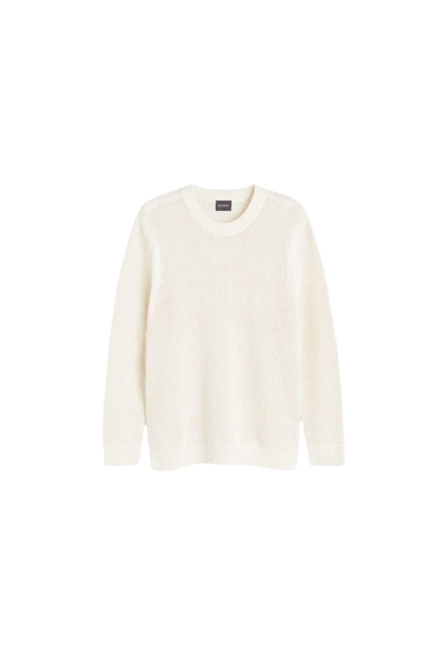 Pullover sweater with round neck and long sleeves, displayed flat