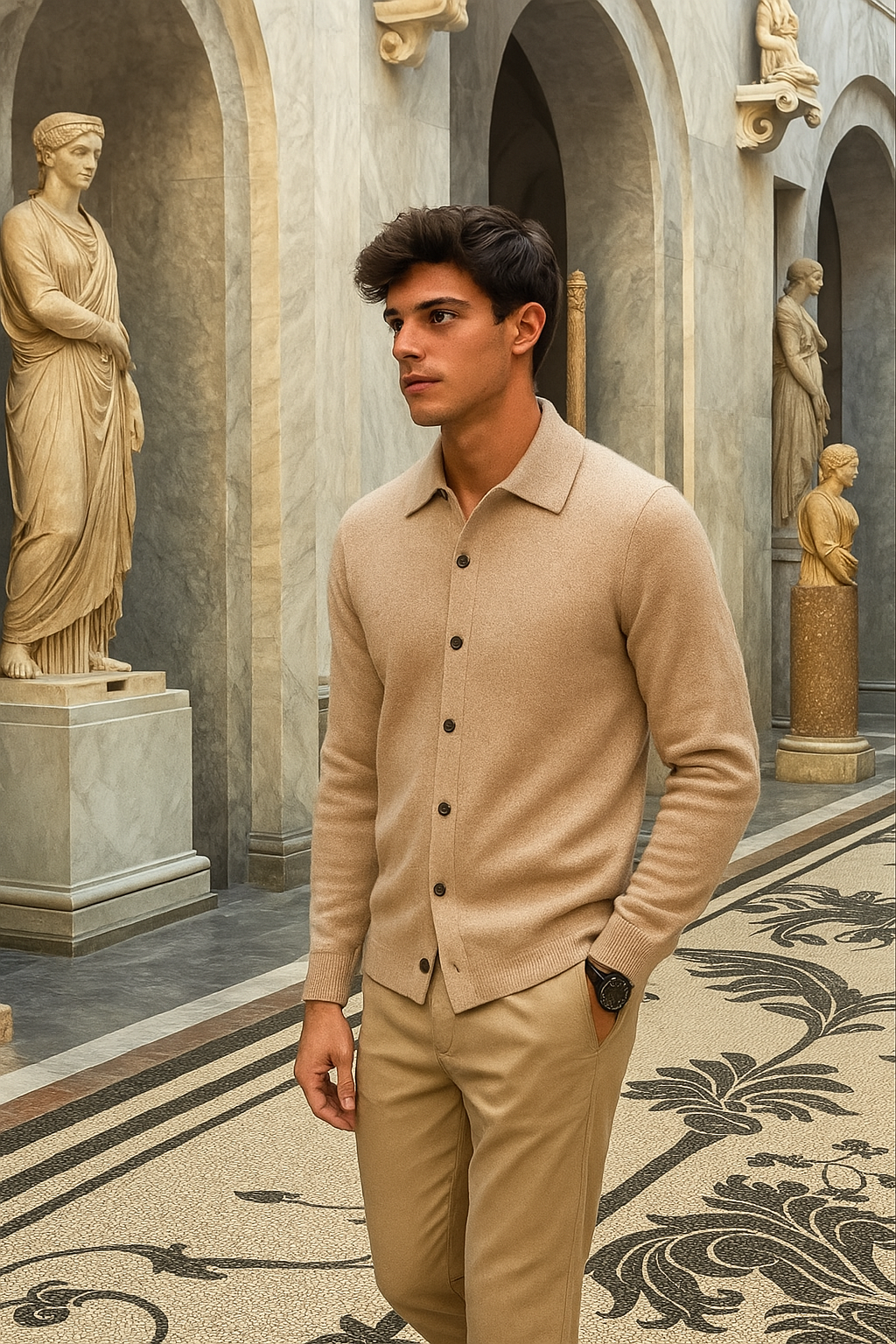 Model wearing knit shirt with button placket and long sleeves