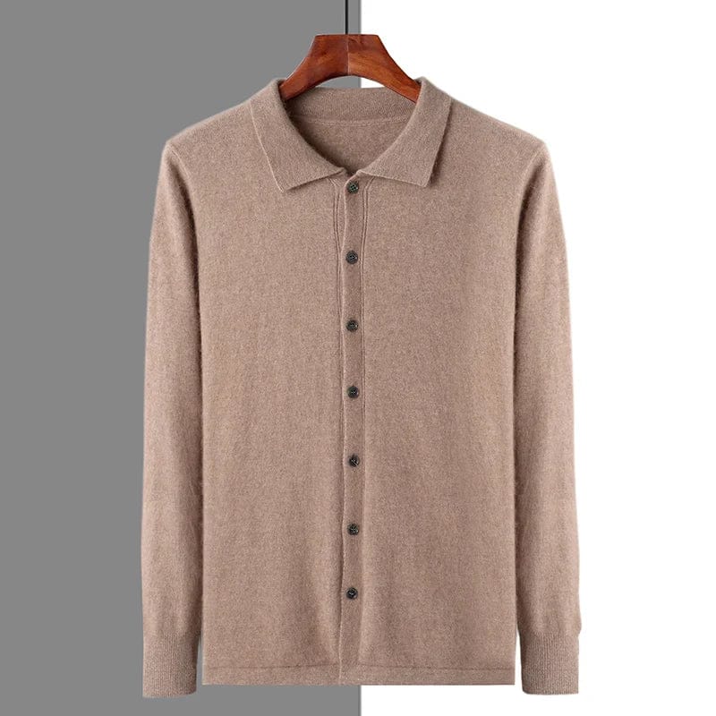 Long sleeve knit shirt with front buttons, hanging on rack