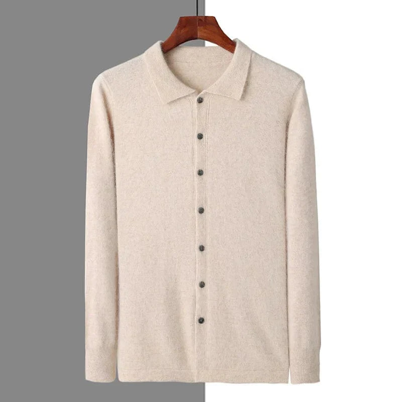 Button-up knit shirt with ribbed edges, displayed on hanger