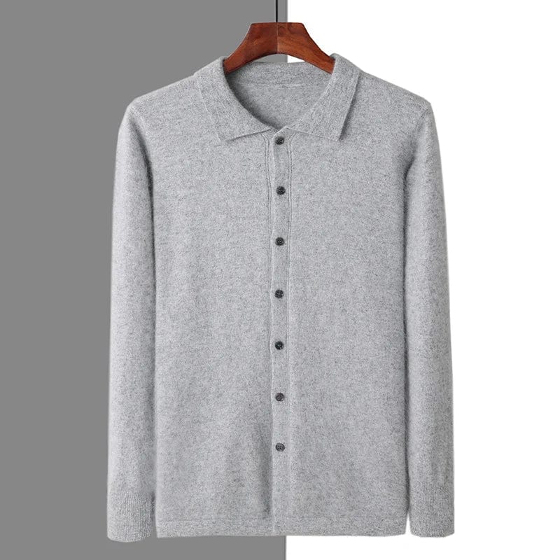 Men’s knit shirt with collar and long sleeves, on hanger