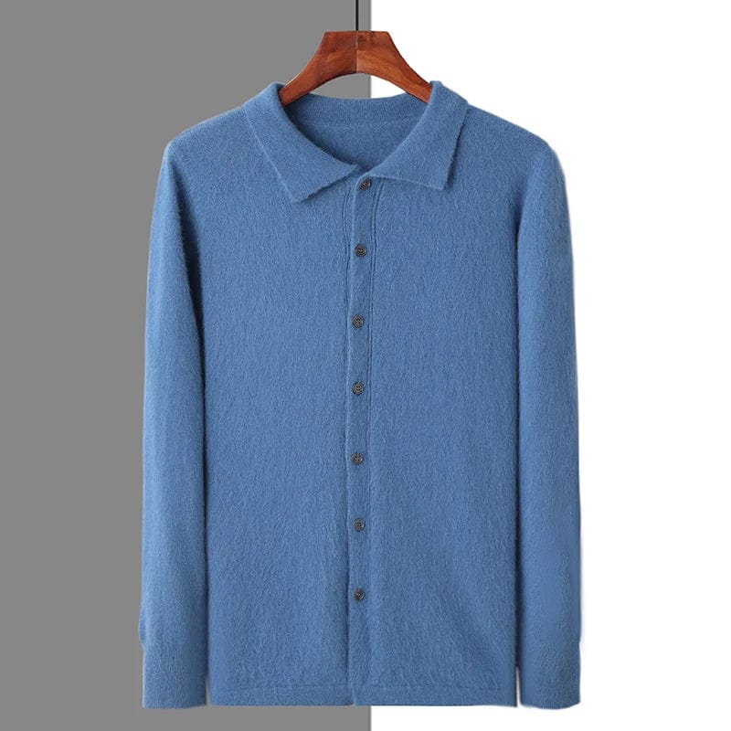 Shirt with knit texture and button front, hanging on display