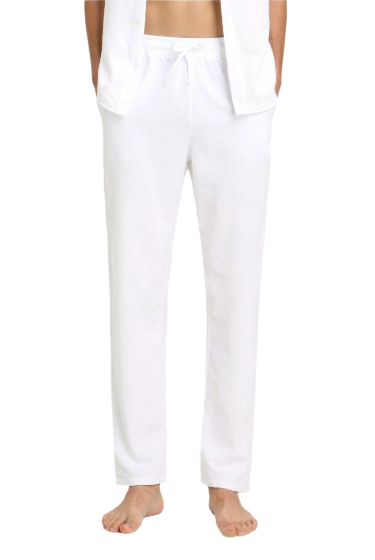 Full-length pants with visible waistband and front crease, worn by model