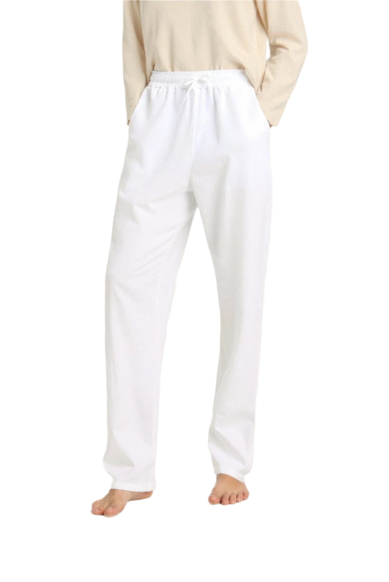 Men’s trousers with flat front design and standard-length hem, shown on model