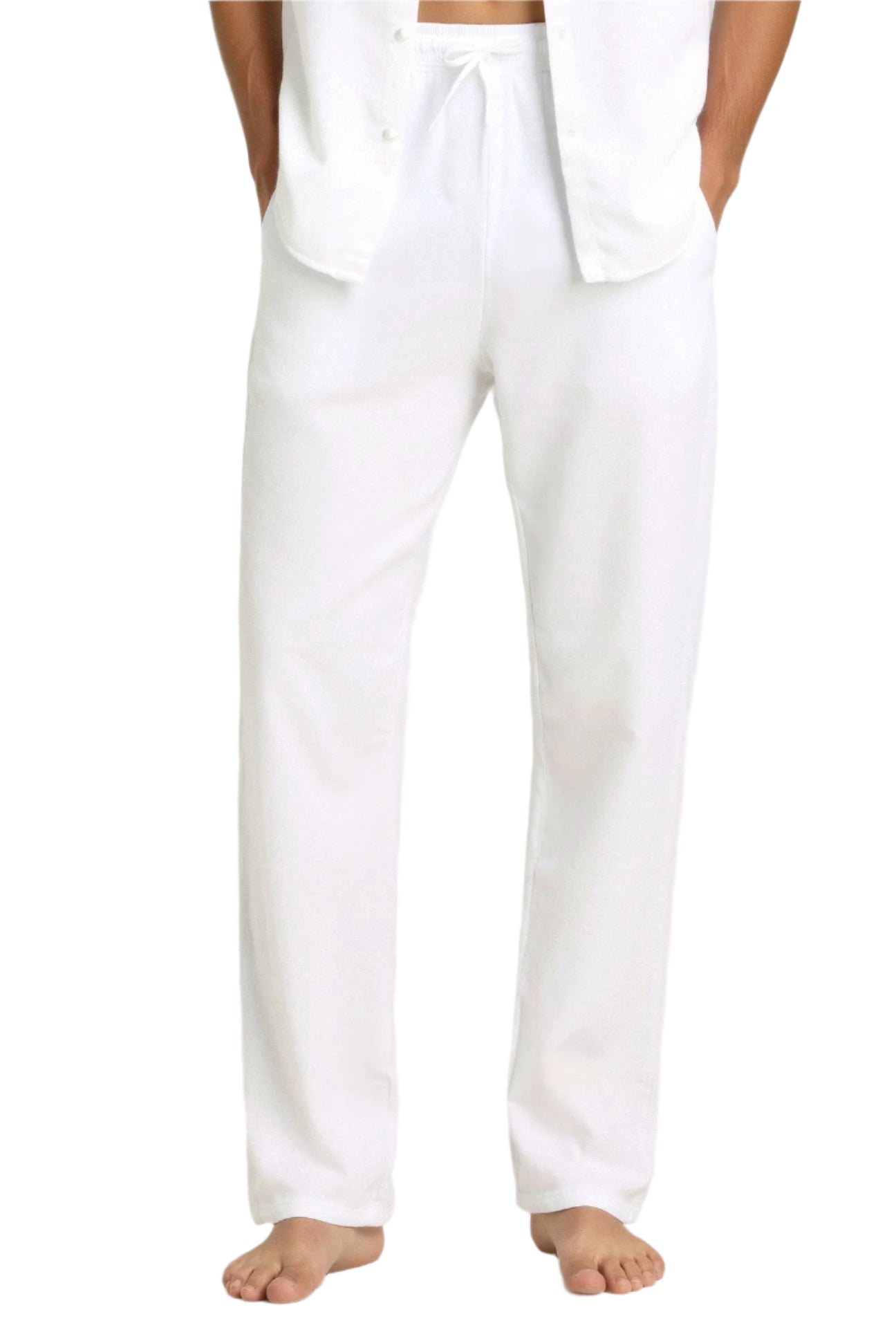 Model wearing lightweight trousers with side pockets and relaxed cut