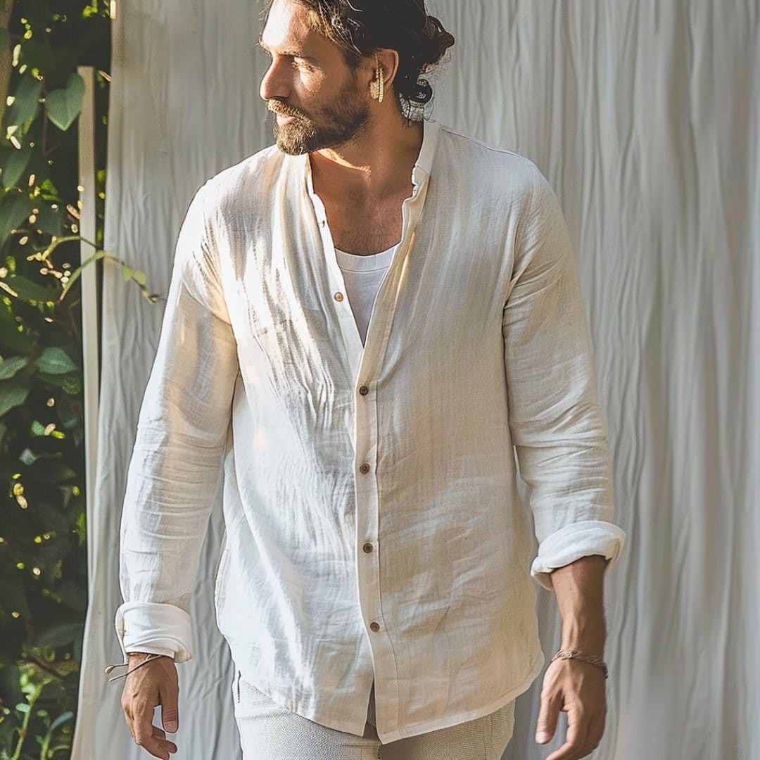 Model wearing long sleeve shirt with mandarin collar and straight hem