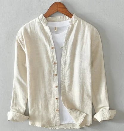 Men’s collared shirt with long sleeves, shown on hanger
