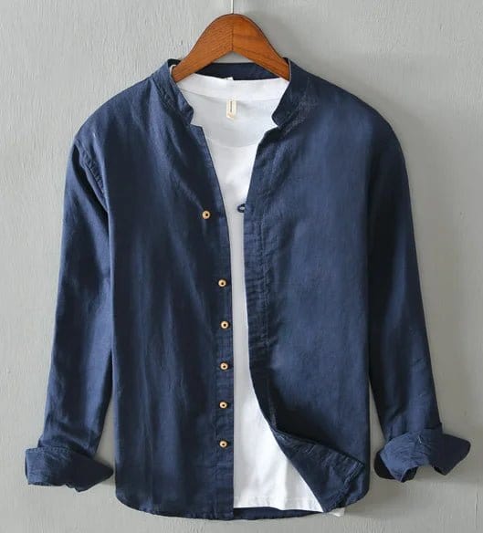 Shirt with collar and button front, hanging on display