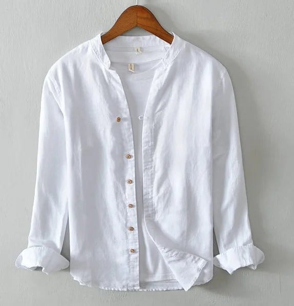 Long sleeve shirt with mandarin collar and front buttons, displayed on hanger