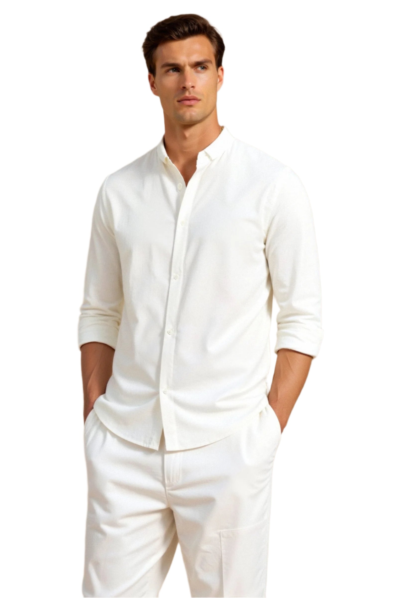 Structured long sleeve shirt with button placket, worn open at collar