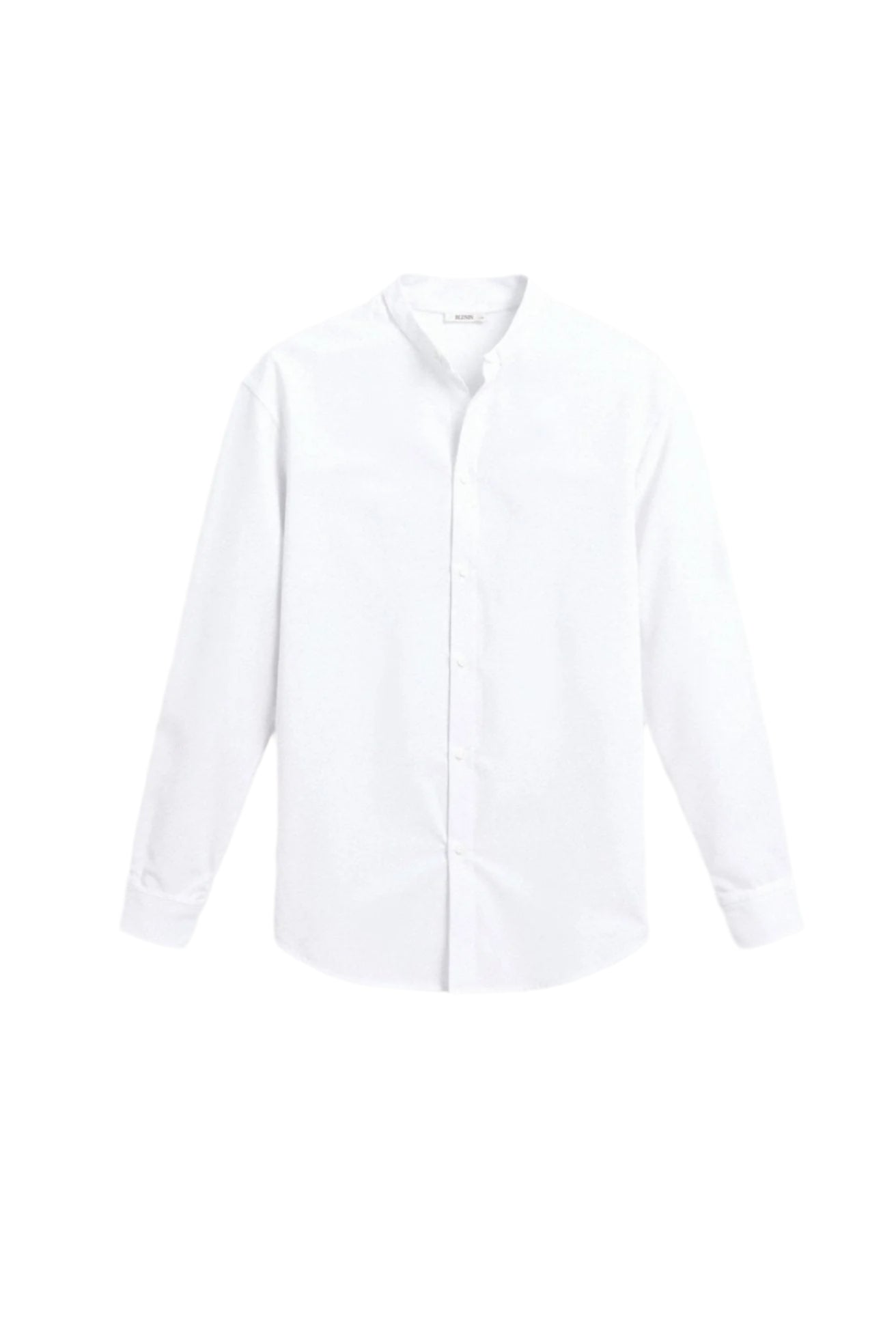 Flat-lay of long sleeve shirt with mandarin collar and button front