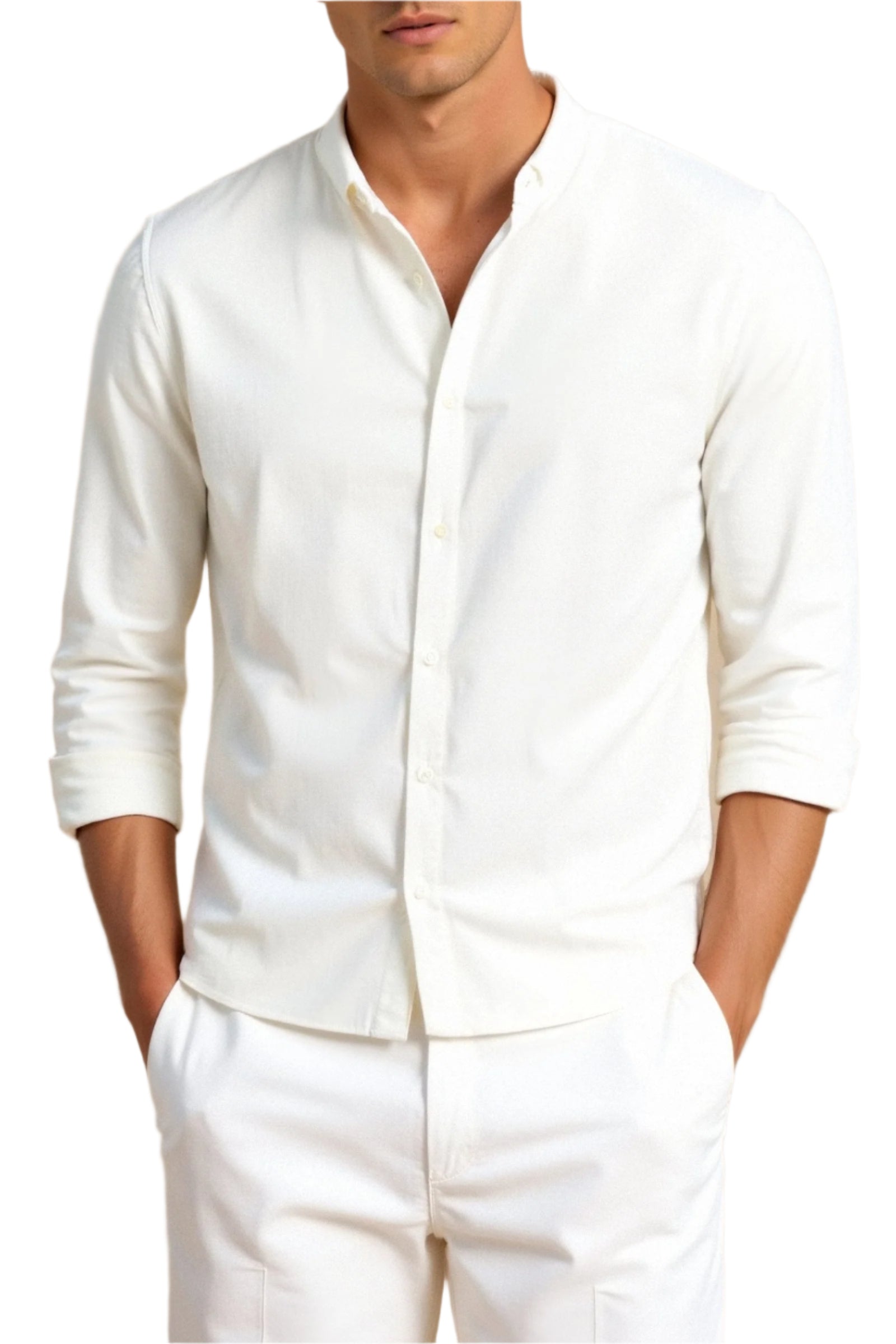 Mandarin collar shirt with long sleeves, worn by model