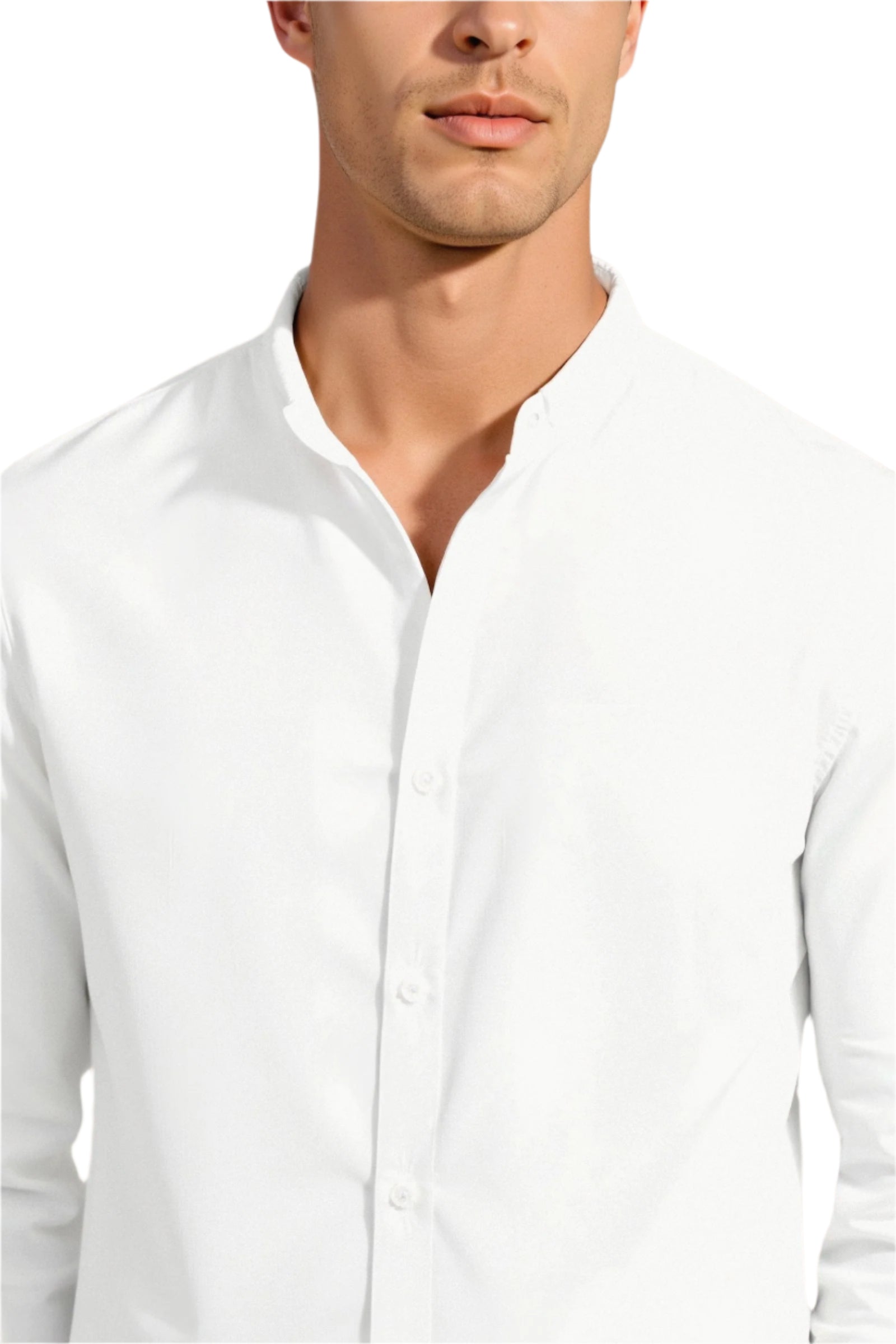 Men’s shirt with buttoned front and straight hem, shown on model