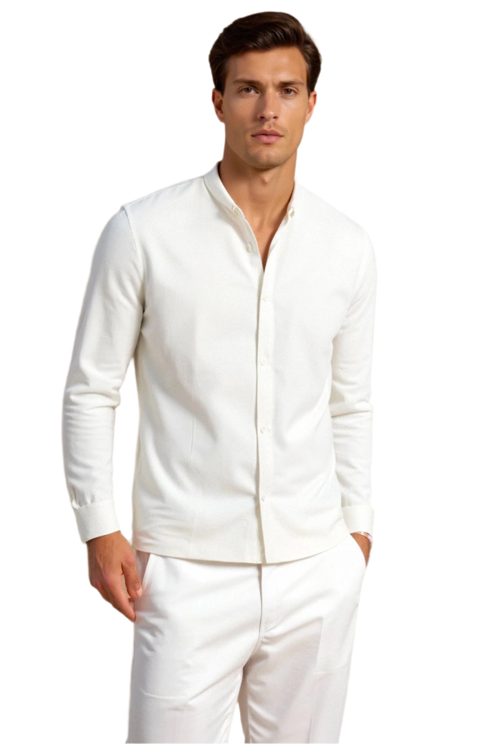 Model wearing long sleeve shirt with mandarin collar and front buttons