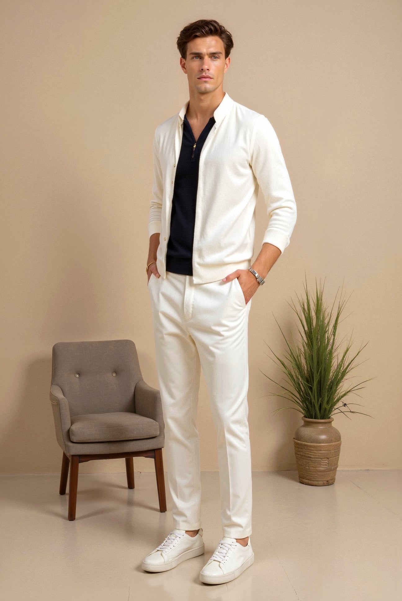 Model wearing low-top sneakers with lace-up front and curved outsole