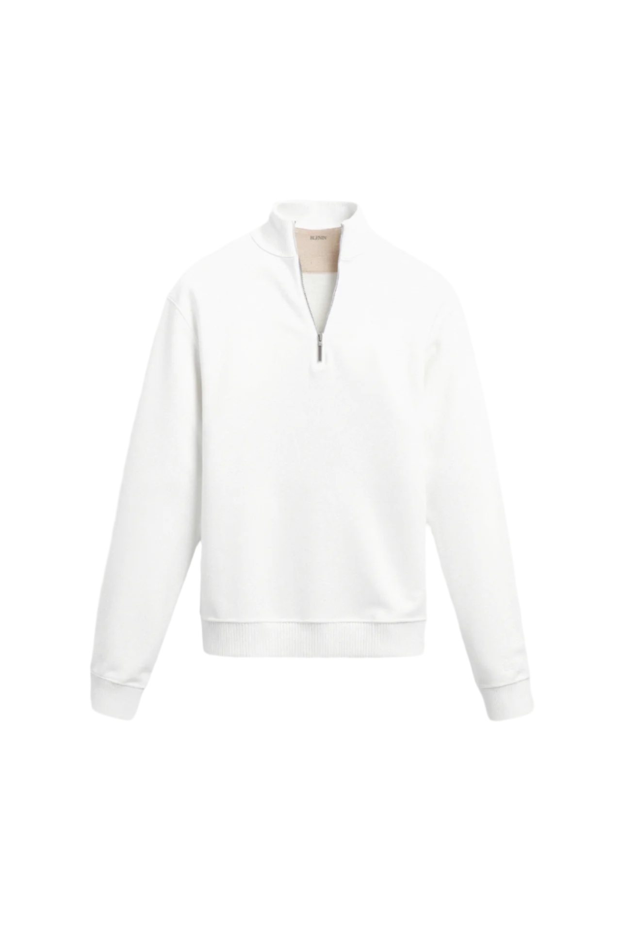 Structured pullover with zip neckline and folded cuffs, displayed flat