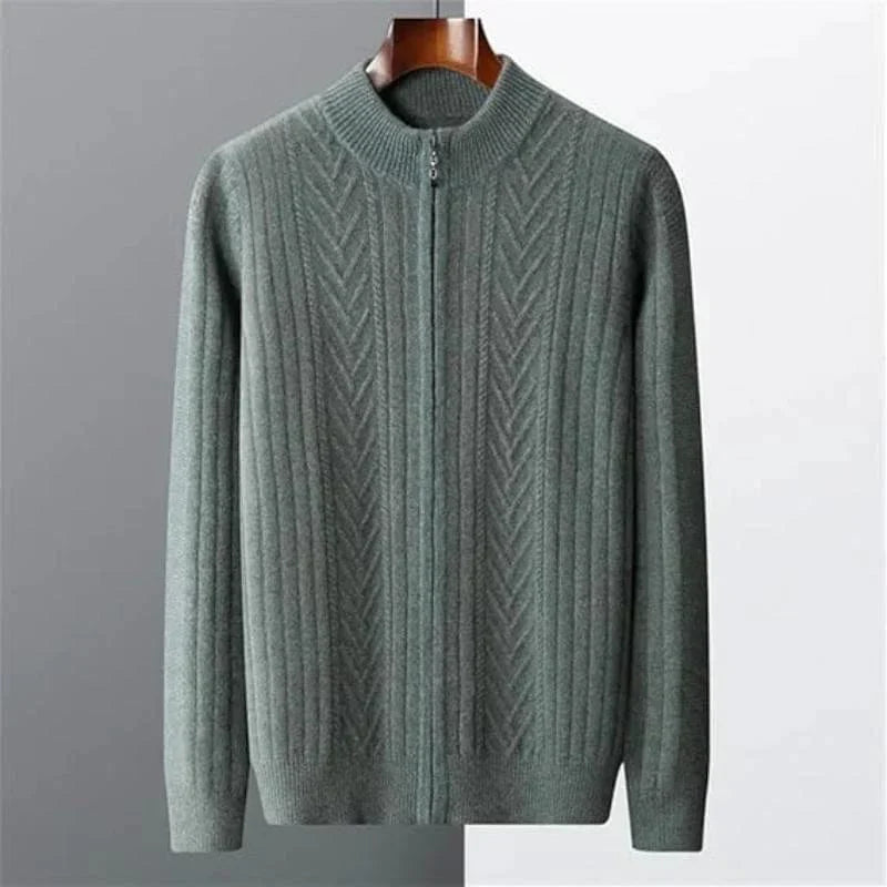Quarter zip sweater with ribbed cuffs and zipper front, displayed on hanger