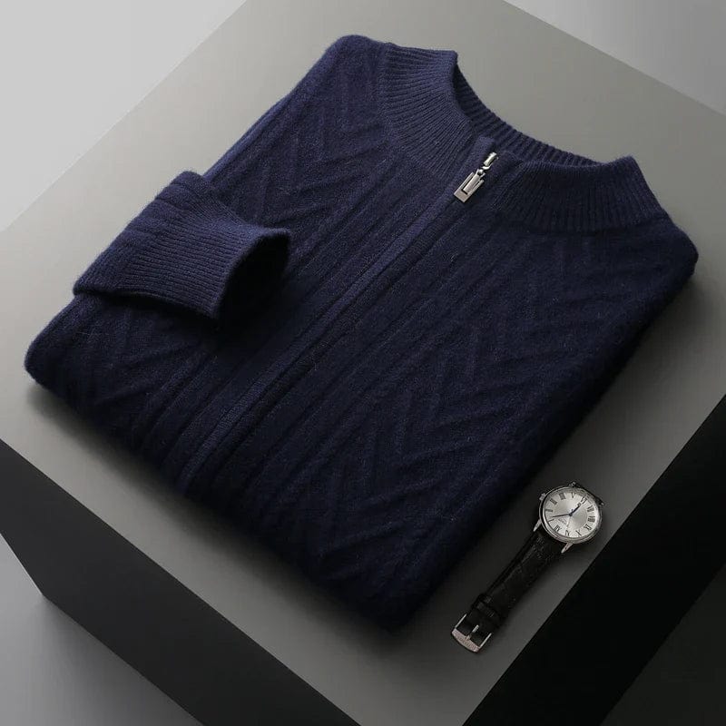 Knit sweater with zipper closure and straight hem, laid flat