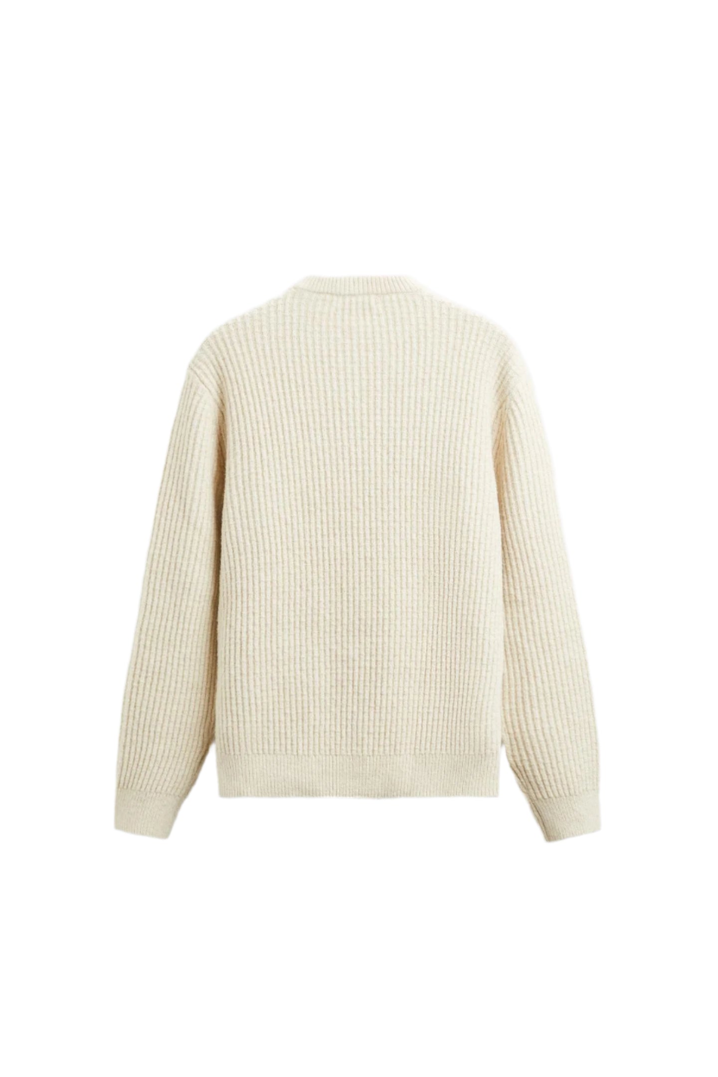 Ribbed knit pullover with straight hem and round neck, displayed flat