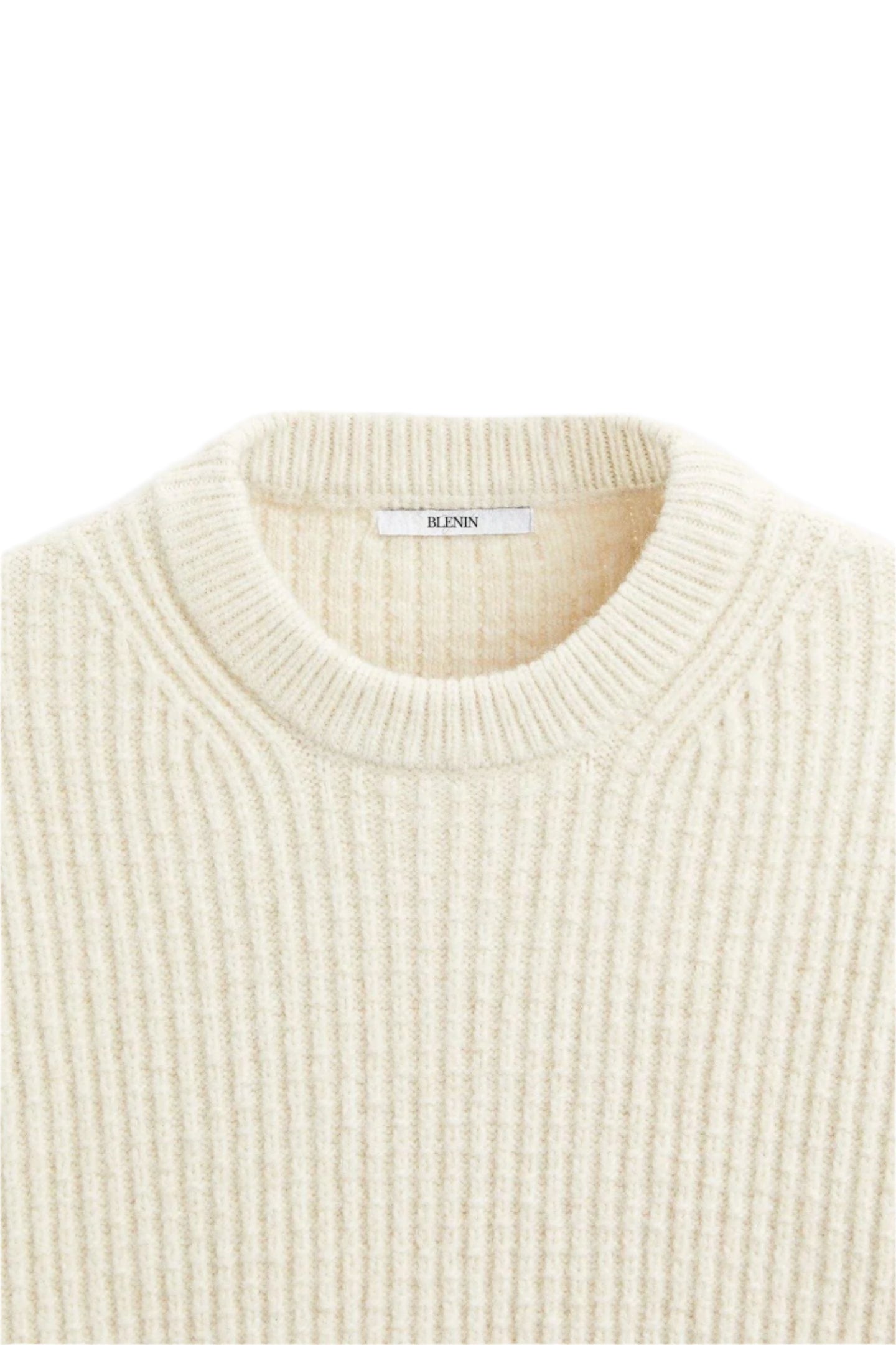 Sweater with crew neckline and ribbed cuffs, laid flat