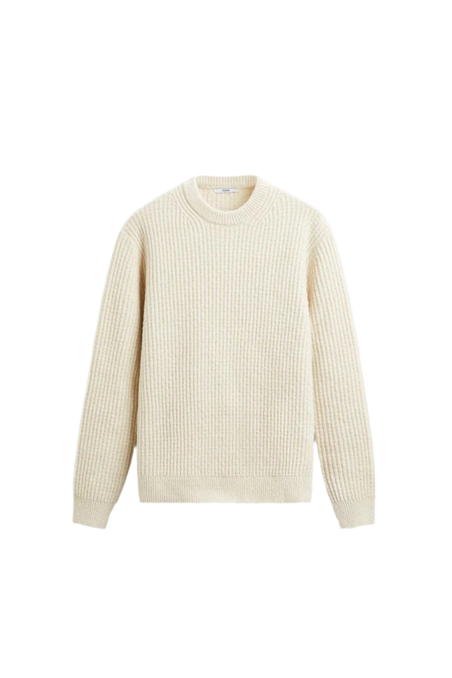 Flat-lay of ribbed sweater with long sleeves and visible texture
