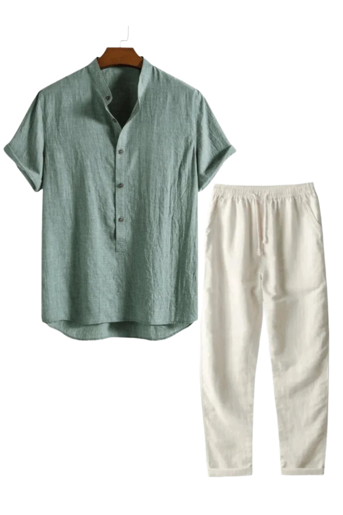 Flat-lay of collared shirt and straight-leg trousers set
