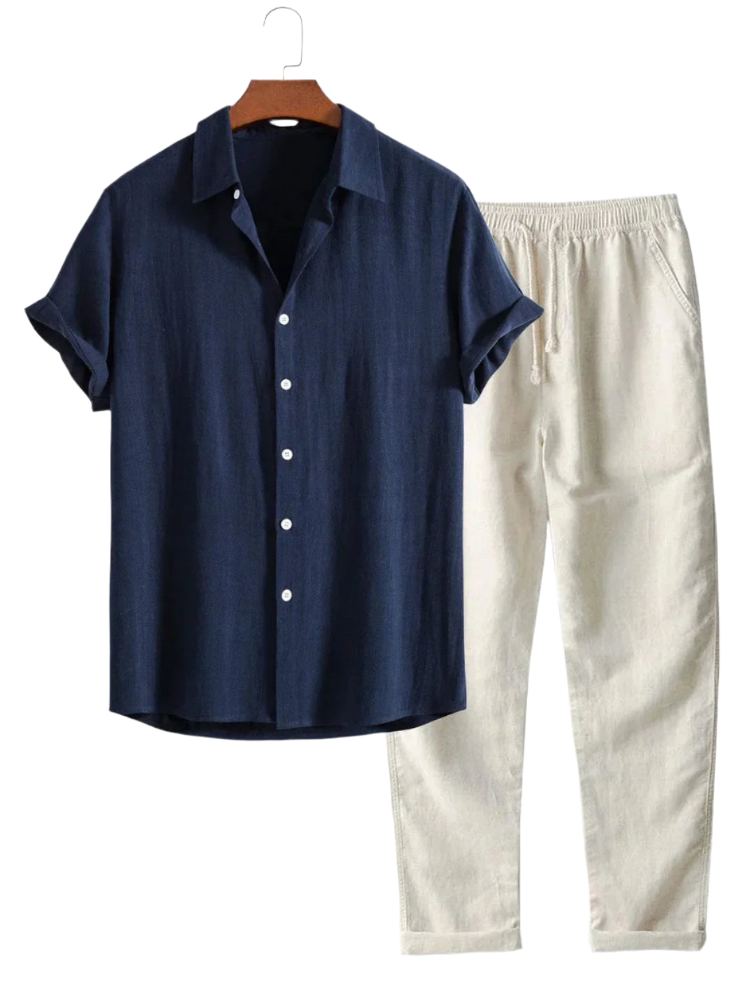 Men’s shirt and trouser co-ord set with button front, laid flat on surface