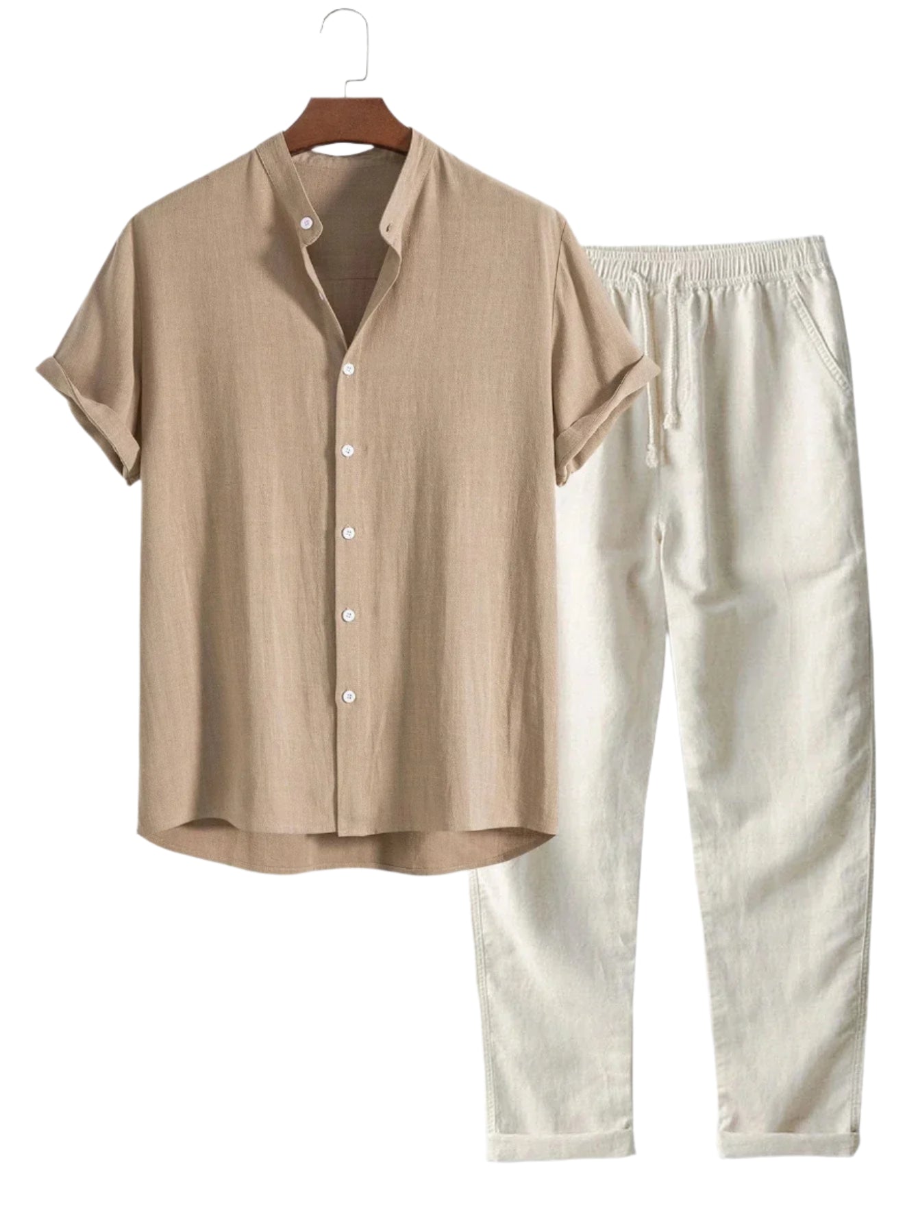 Two-piece outfit with long sleeve shirt and full-length trousers, flat view