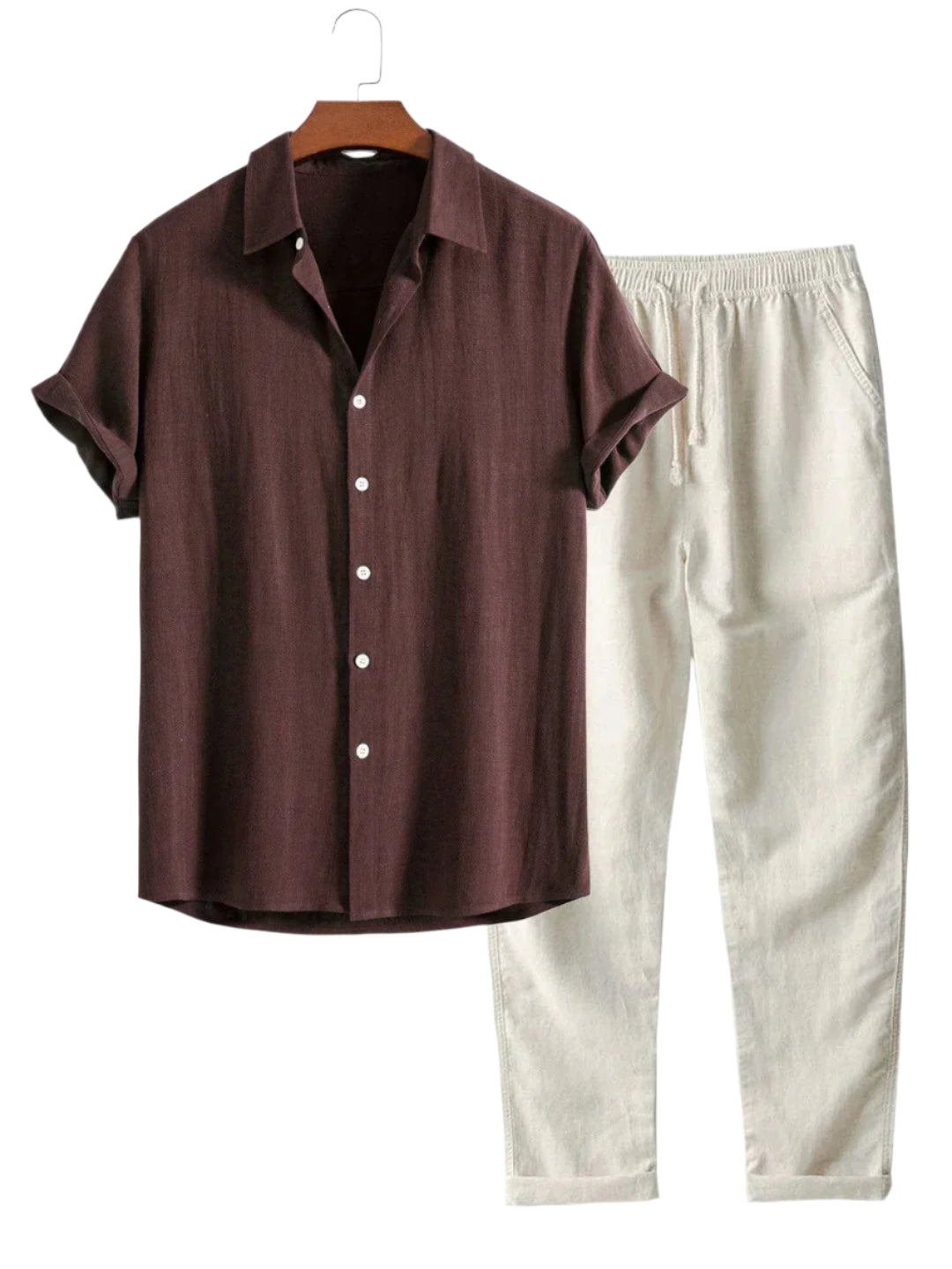 Shirt and pants set with collar and visible seams, laid flat